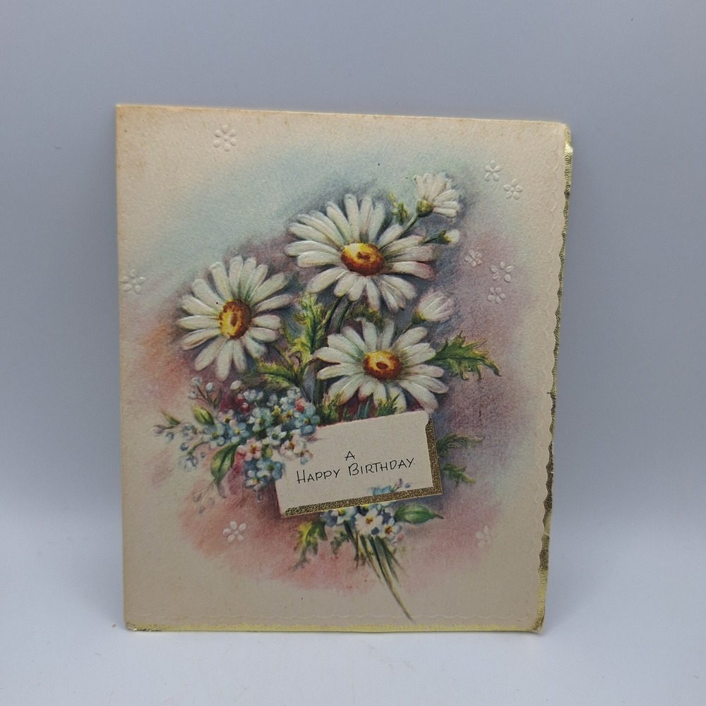 Vintage Daisy Forget Me Not Birthday Card Floral‎ Gold Trim